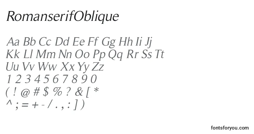 Czcionka RomanserifOblique – alfabet, cyfry, specjalne znaki