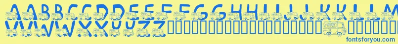 LmsMysteryMachine-Schriftart – Blaue Schriften auf gelbem Hintergrund