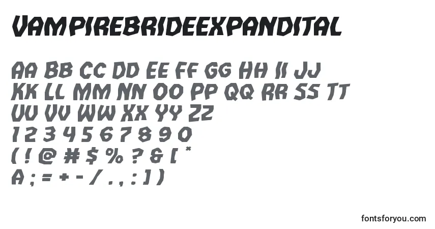 Шрифт Vampirebrideexpandital – алфавит, цифры, специальные символы
