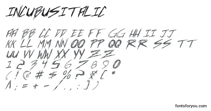 A fonte IncubusItalic – alfabeto, números, caracteres especiais