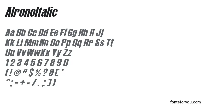 Шрифт AlronoItalic – алфавит, цифры, специальные символы