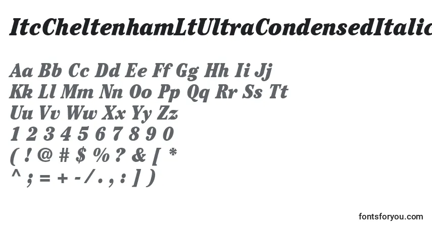 A fonte ItcCheltenhamLtUltraCondensedItalic – alfabeto, números, caracteres especiais