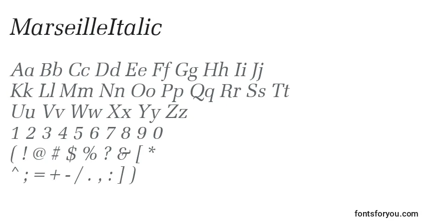 A fonte MarseilleItalic – alfabeto, números, caracteres especiais