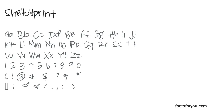 Czcionka Shelbyprint – alfabet, cyfry, specjalne znaki