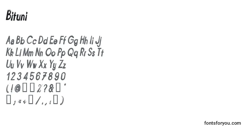 Czcionka Bituni – alfabet, cyfry, specjalne znaki