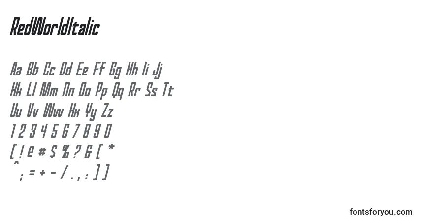 Шрифт RedWorldItalic – алфавит, цифры, специальные символы