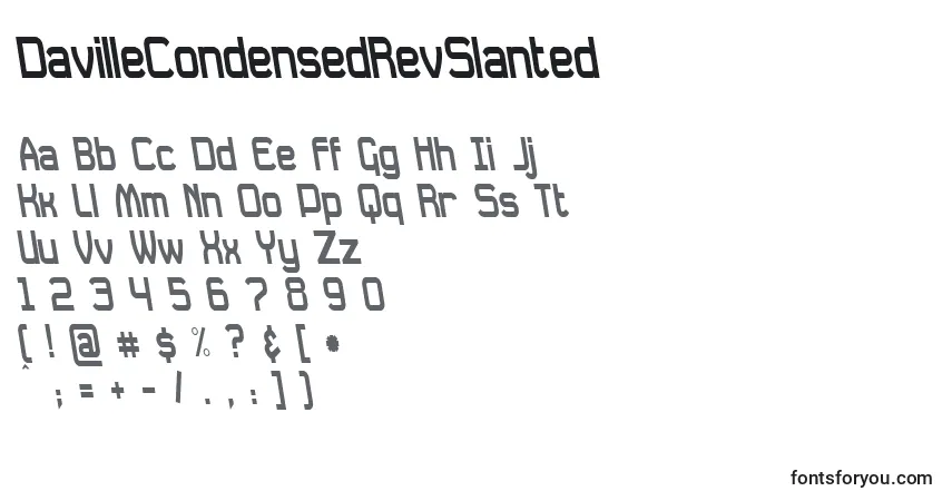 A fonte DavilleCondensedRevSlanted – alfabeto, números, caracteres especiais