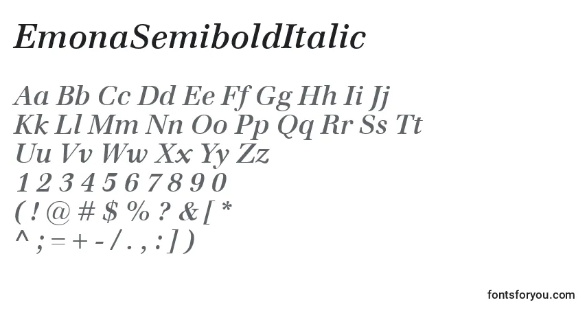 Czcionka EmonaSemiboldItalic – alfabet, cyfry, specjalne znaki