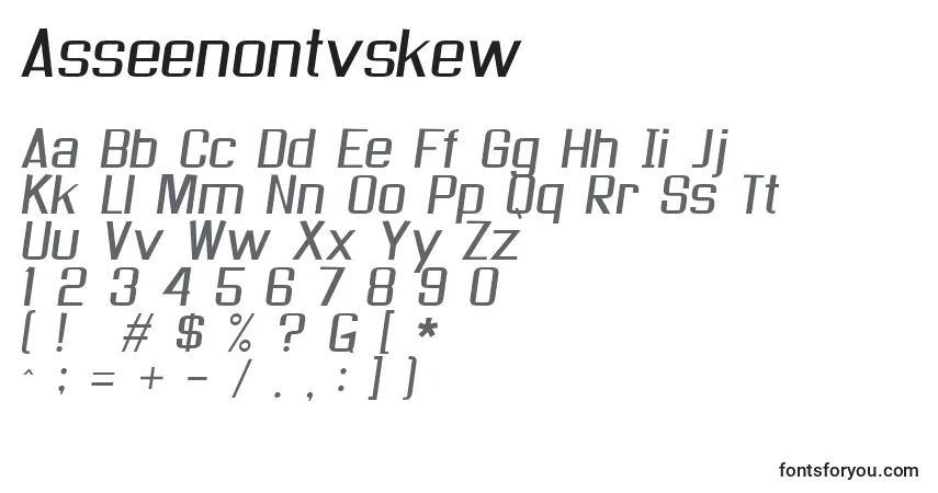 Czcionka Asseenontvskew – alfabet, cyfry, specjalne znaki