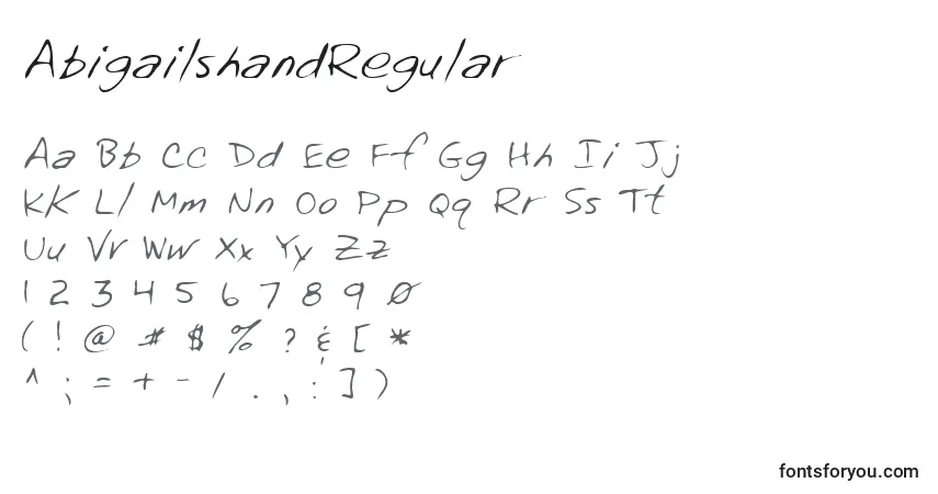 A fonte AbigailshandRegular – alfabeto, números, caracteres especiais