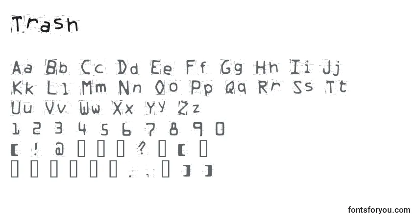 Czcionka Trash – alfabet, cyfry, specjalne znaki