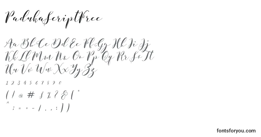 Czcionka PadukaScriptFree – alfabet, cyfry, specjalne znaki