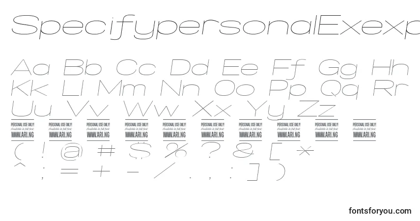 Schriftart SpecifypersonalExexpthinitalic – Alphabet, Zahlen, spezielle Symbole