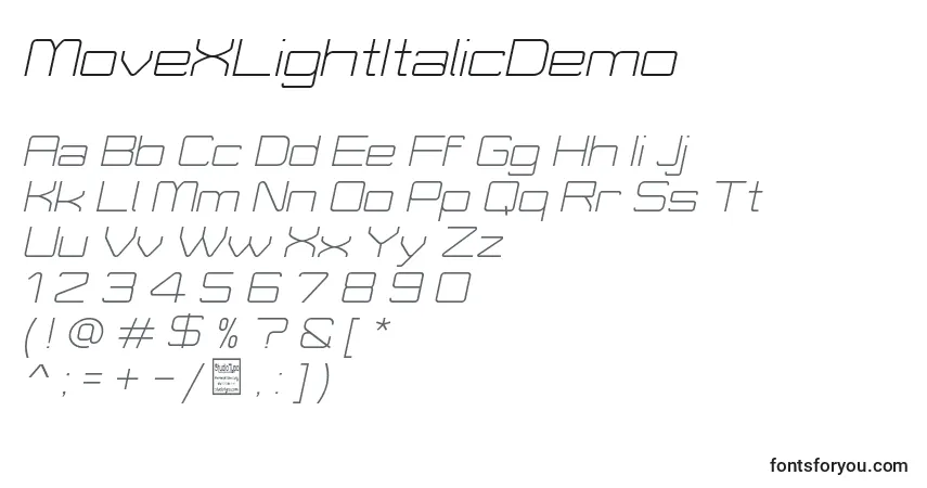 Шрифт MoveXLightItalicDemo – алфавит, цифры, специальные символы