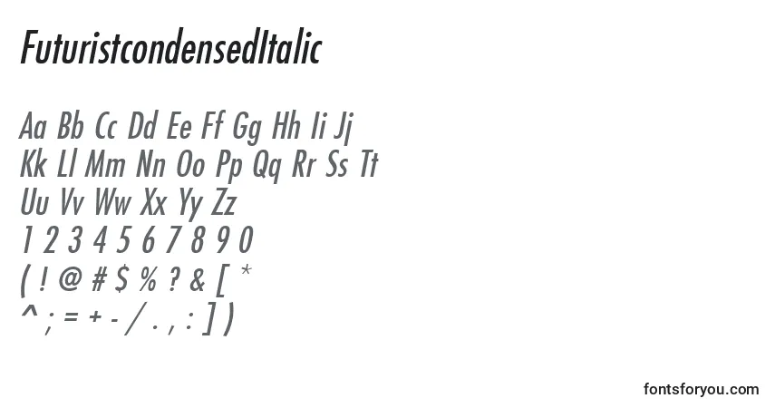 A fonte FuturistcondensedItalic – alfabeto, números, caracteres especiais