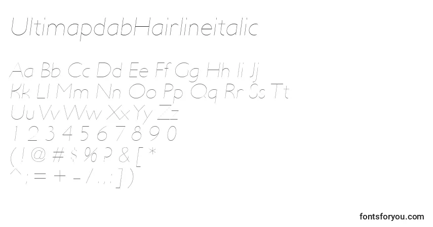 Шрифт UltimapdabHairlineitalic – алфавит, цифры, специальные символы