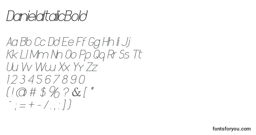 Czcionka DanielaItalicBold – alfabet, cyfry, specjalne znaki