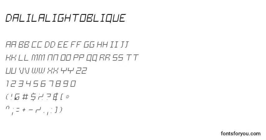 Шрифт DalilaLightOblique – алфавит, цифры, специальные символы