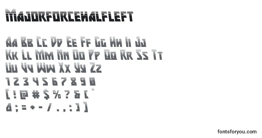 Czcionka Majorforcehalfleft – alfabet, cyfry, specjalne znaki