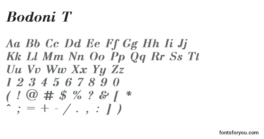 A fonte Bodoni T – alfabeto, números, caracteres especiais