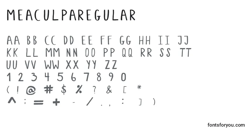 A fonte MeaculpaRegular – alfabeto, números, caracteres especiais