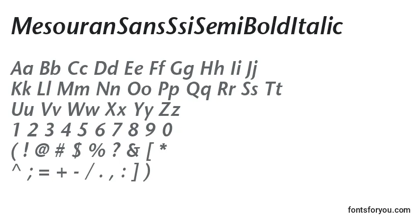 A fonte MesouranSansSsiSemiBoldItalic – alfabeto, números, caracteres especiais