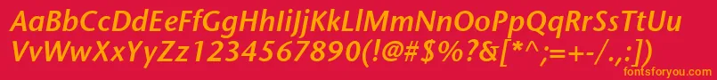 MesouranSansSsiSemiBoldItalic-Schriftart – Orangefarbene Schriften auf rotem Hintergrund