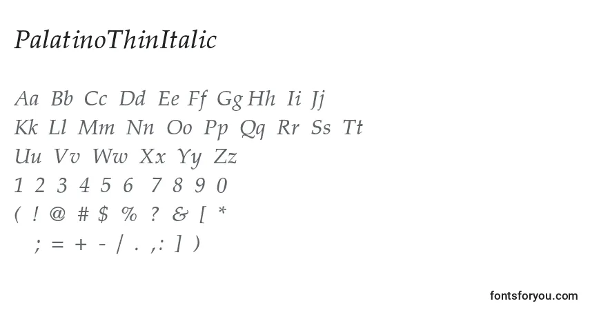 Czcionka PalatinoThinItalic – alfabet, cyfry, specjalne znaki