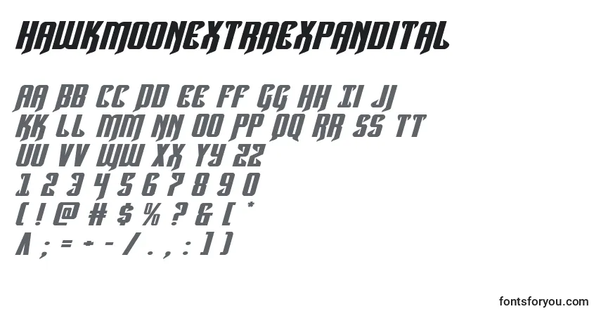 Czcionka Hawkmoonextraexpandital – alfabet, cyfry, specjalne znaki