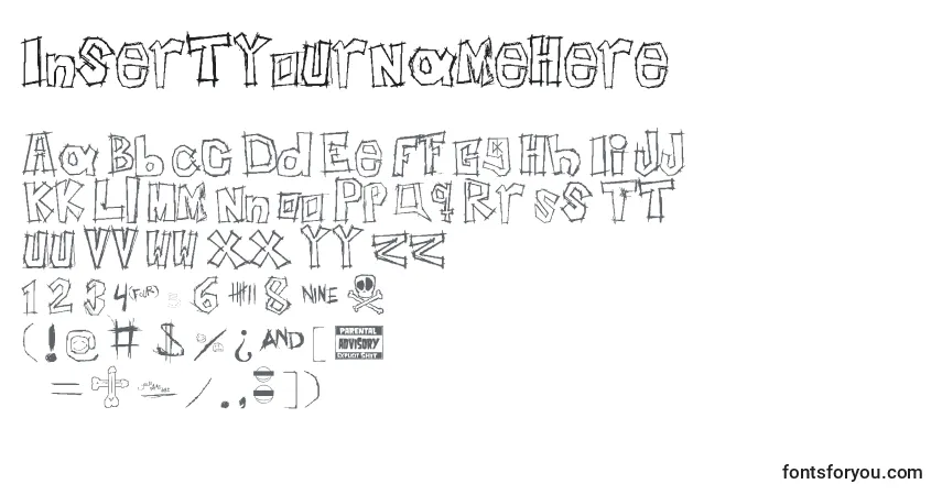 Czcionka InsertYourNameHere – alfabet, cyfry, specjalne znaki