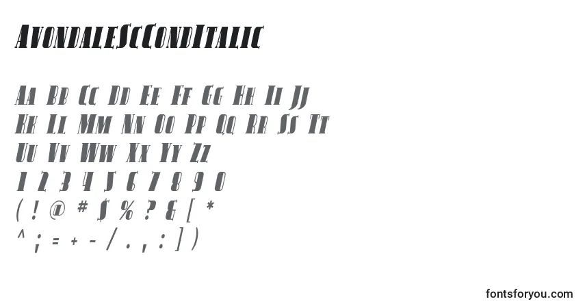 Шрифт AvondaleScCondItalic – алфавит, цифры, специальные символы