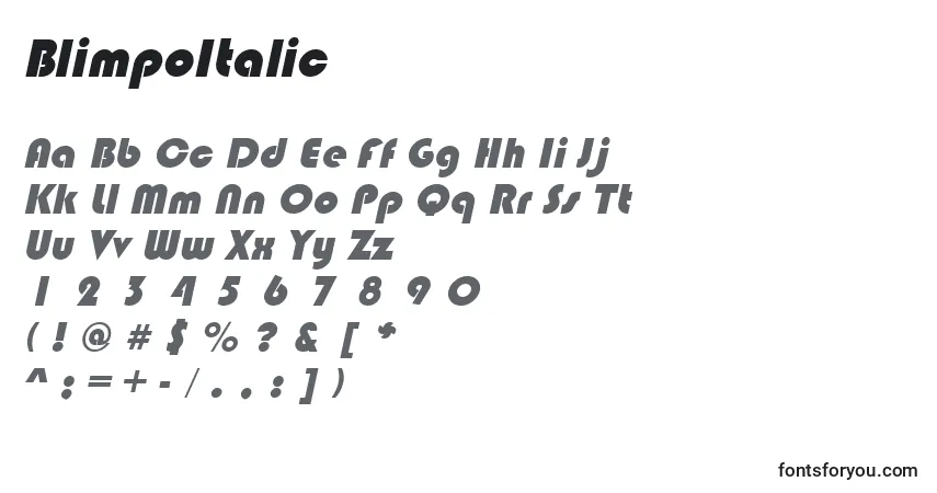 A fonte BlimpoItalic – alfabeto, números, caracteres especiais