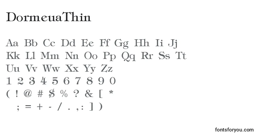 Czcionka DormeuaThin – alfabet, cyfry, specjalne znaki