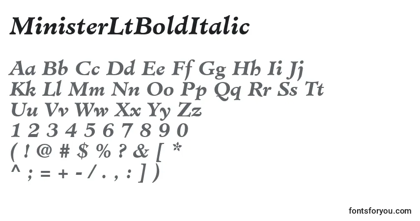 A fonte MinisterLtBoldItalic – alfabeto, números, caracteres especiais