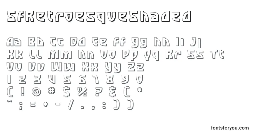 Czcionka SfRetroesqueShaded – alfabet, cyfry, specjalne znaki