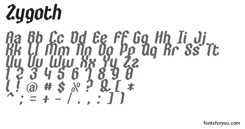 Czcionka Zygoth – alfabet, cyfry, specjalne znaki