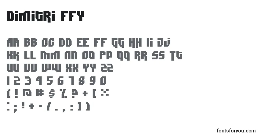 A fonte Dimitri ffy – alfabeto, números, caracteres especiais