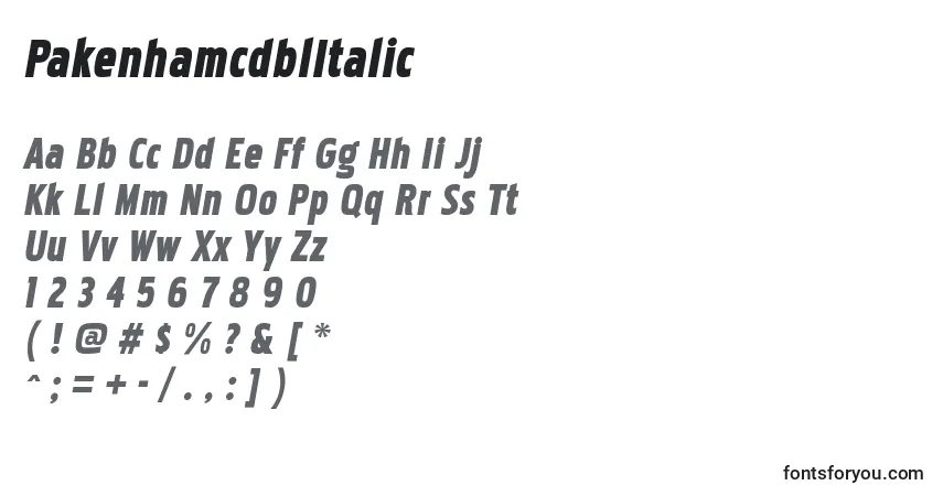Czcionka PakenhamcdblItalic – alfabet, cyfry, specjalne znaki