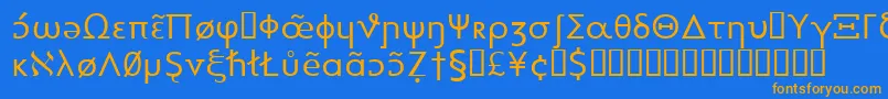 フォントHeytta – オレンジ色の文字が青い背景にあります。