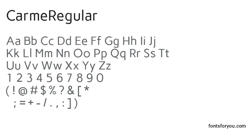 Schriftart CarmeRegular – Alphabet, Zahlen, spezielle Symbole