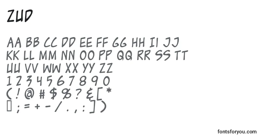 Schriftart Zud – Alphabet, Zahlen, spezielle Symbole