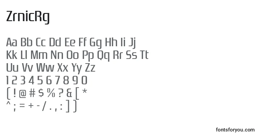 A fonte ZrnicRg – alfabeto, números, caracteres especiais