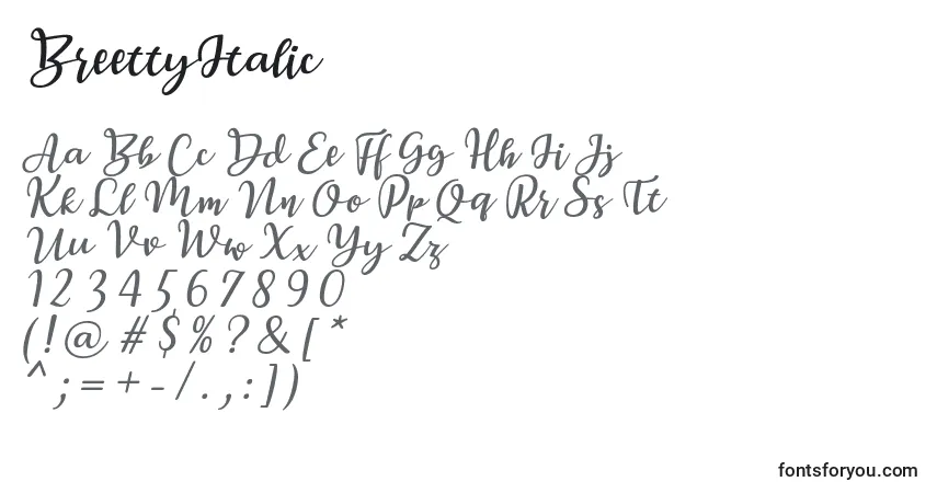 A fonte BreettyItalic – alfabeto, números, caracteres especiais