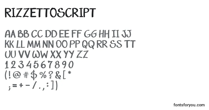 Czcionka RizzettoScript – alfabet, cyfry, specjalne znaki