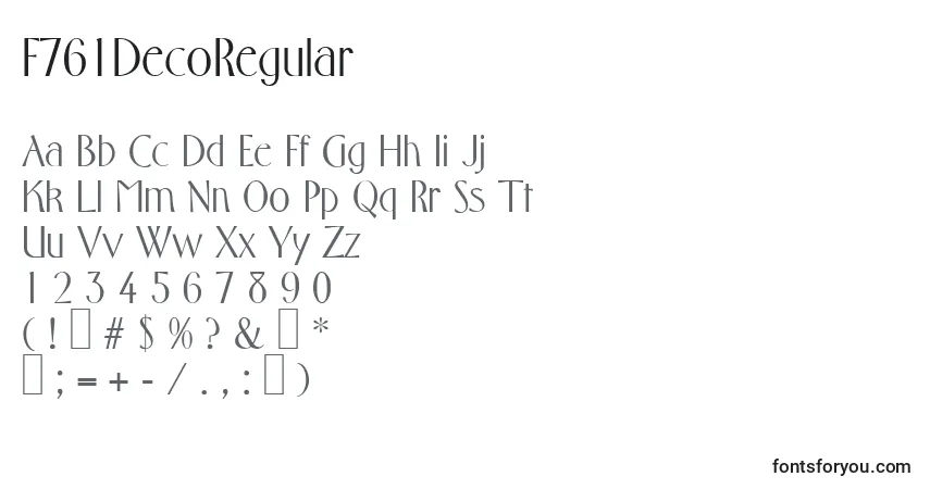 Czcionka F761DecoRegular – alfabet, cyfry, specjalne znaki