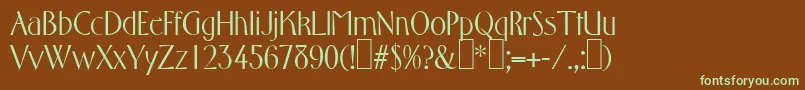 フォントF761DecoRegular – 緑色の文字が茶色の背景にあります。