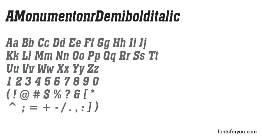 Czcionka AMonumentonrDemibolditalic – alfabet, cyfry, specjalne znaki