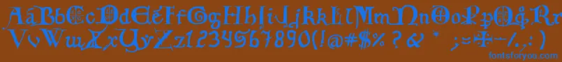 12thCfancyCaps-Schriftart – Blaue Schriften auf braunem Hintergrund