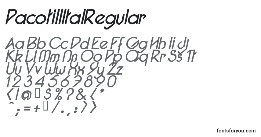 Czcionka PacotillItalRegular – alfabet, cyfry, specjalne znaki
