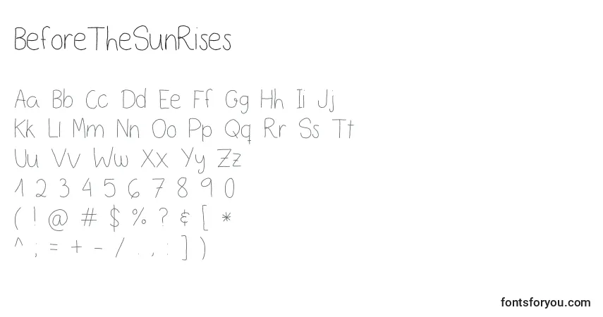 Schriftart BeforeTheSunRises – Alphabet, Zahlen, spezielle Symbole